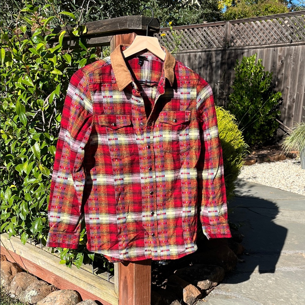 Red Plaid Flannel Long Sleeve Shirt with Tan Suede Collar